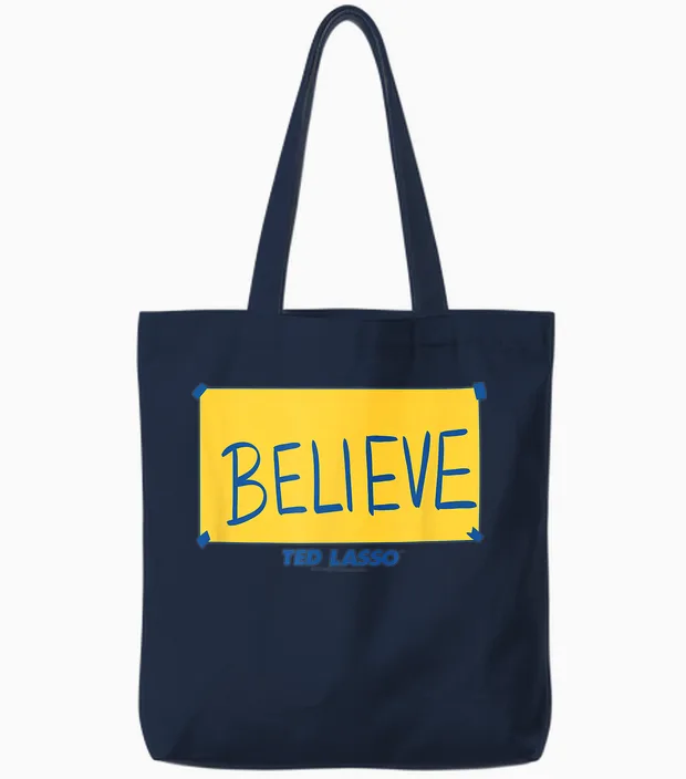 Ted Lasso Believe Yellow Inspirational Gift Tote Bags in Navy