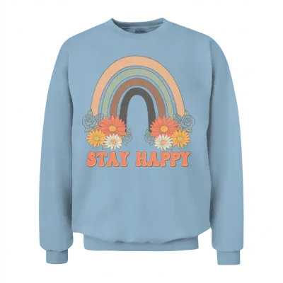 Stay Happy, Groovy, Retro, Unisex Sweatshirt - Light Blue