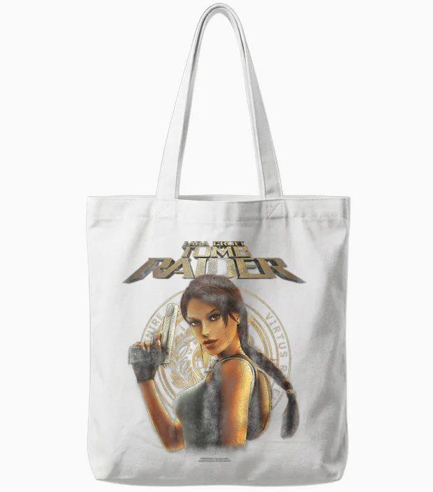 Tomb Raider Lara Croft Portrait with Seal Retro Video Game Tote Bags in White