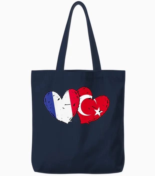 Flag of France Turkey Heart Türkiye French Turkish Friendship Tote Bags in Navy