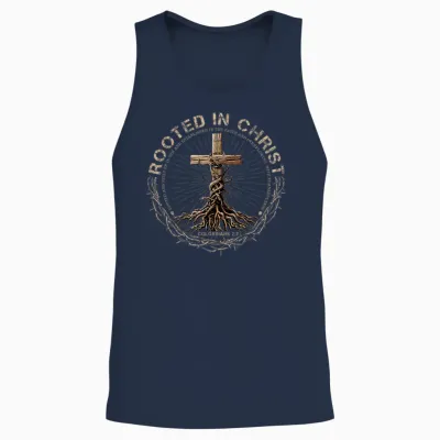 Rooted in Christ Shirt, Jesus Shirt, Vintage Cross Christian Unisex Tank Top - Navy