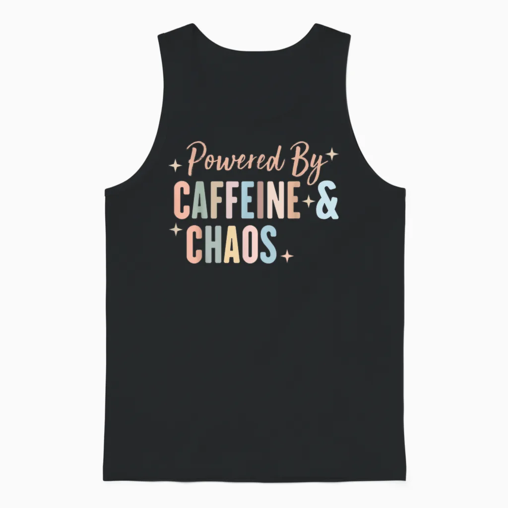 Powered by Coffein and Chaos Funny Adhd T-Shirt, Black Unisex Tank Top in Black