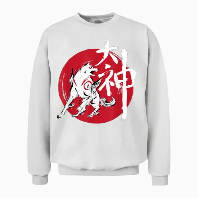 Okami Amaterasu Sun God Wolf the Great Wave Videogame T-Shirt, Black, S Unisex Sweatshirt - White