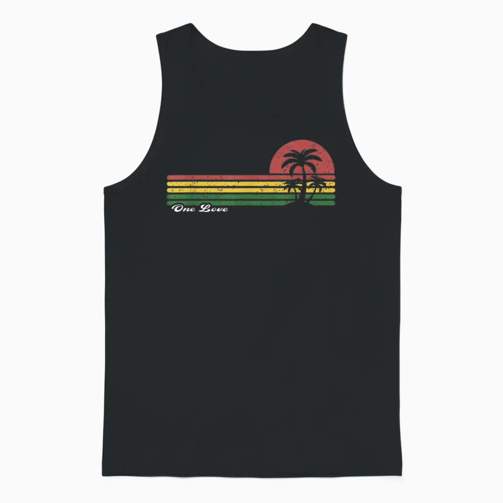 One Love Reggae Rasta Shirt Vintage Sunset Palm Trees Island T-Shirt, Black, S Unisex Tank Top in Black