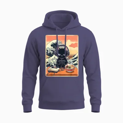 Retro Gamer Cat with Ramen Great Wave for Anime Fans Unisex Hoodie - Heather Sport Dark Navy