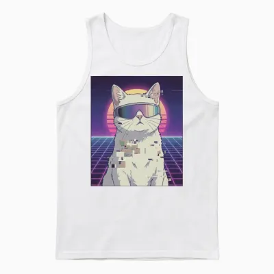 Retro Neon Cat Unisex Tank Top - White