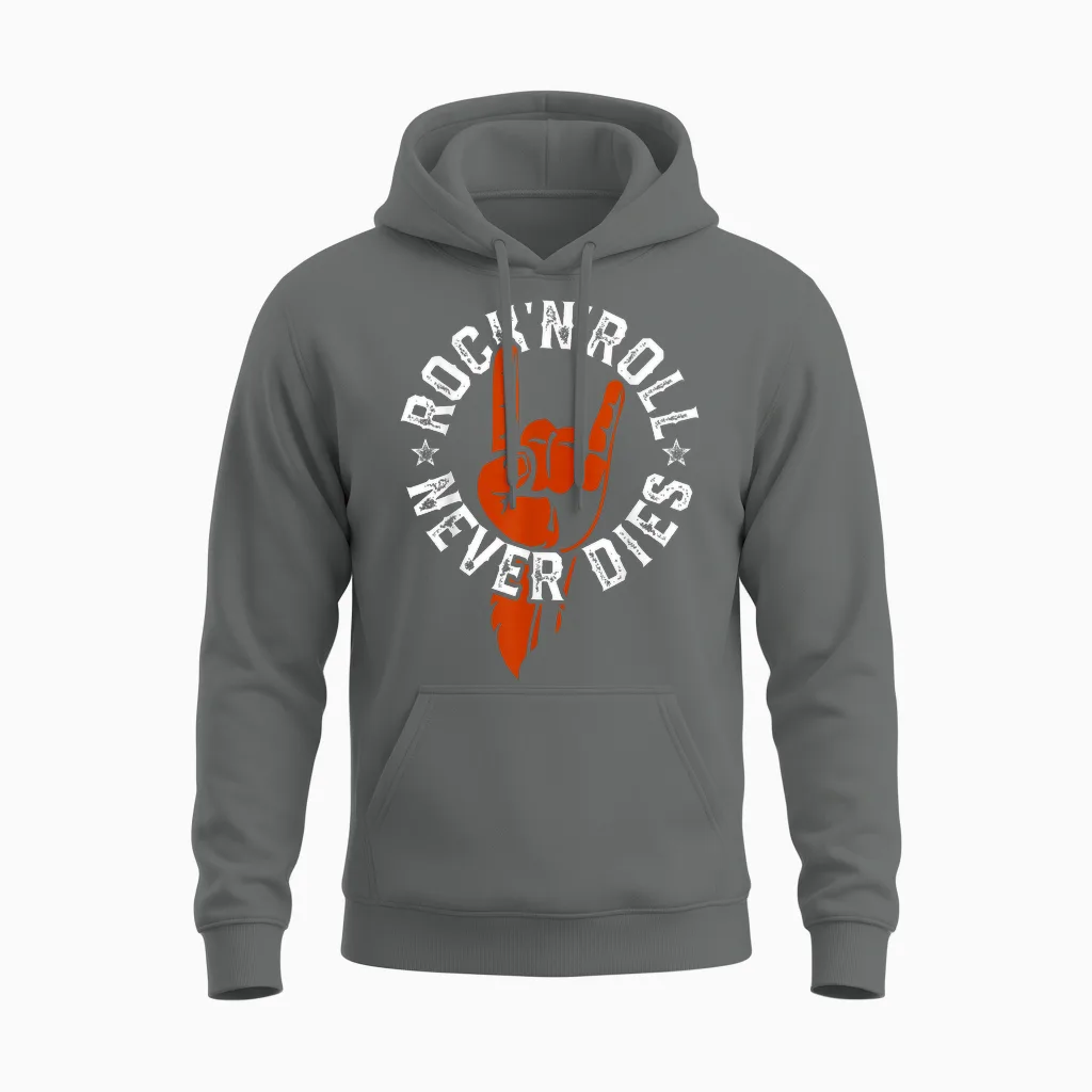 Rock N Roll Never Dies Rock and Roll Heavy Metal Music Unisex Hoodie in Graphite Heather