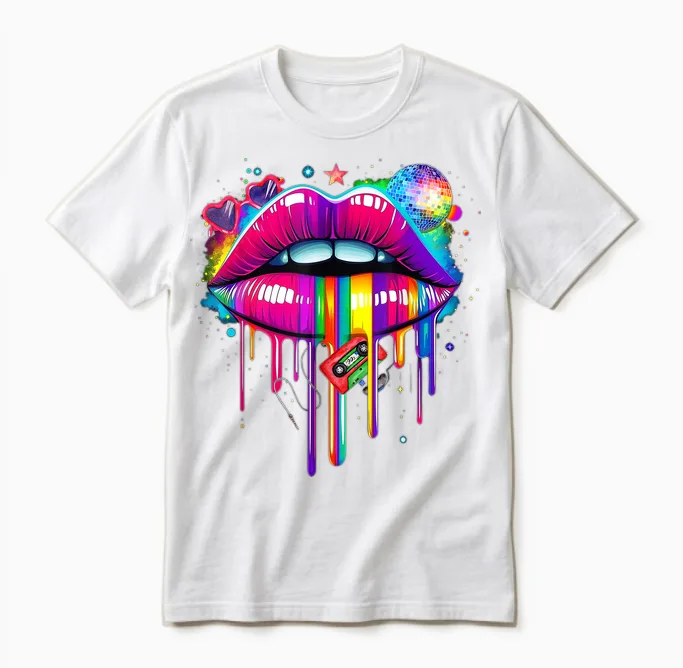 Colourful Lips Kissing Mouth Retro 80s Party Look Costume T-Shirt, Black, S Unisex T-Shirt in White