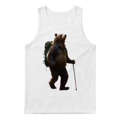 Backpacking Bear with Hiking Stick Unisex Tank Top - White