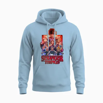 Stranger Things Group Poster T-Shirt, Black, S Unisex Hoodie - Light Blue