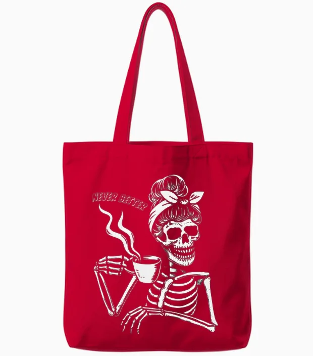 Messy Bun Skeleton Women Halloween Costume Never Better Tote Bags in Red