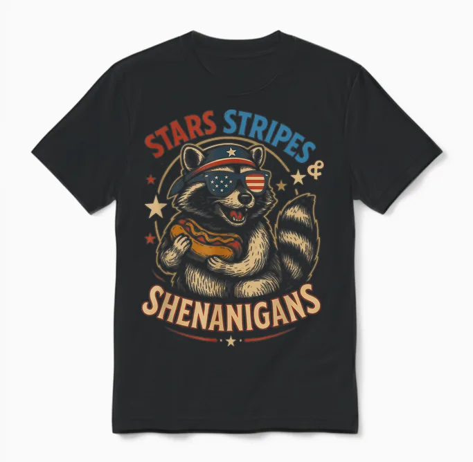 Stars Stripes and Shenanigans Funny Raccoon 4th of July Unisex T-Shirt in Black