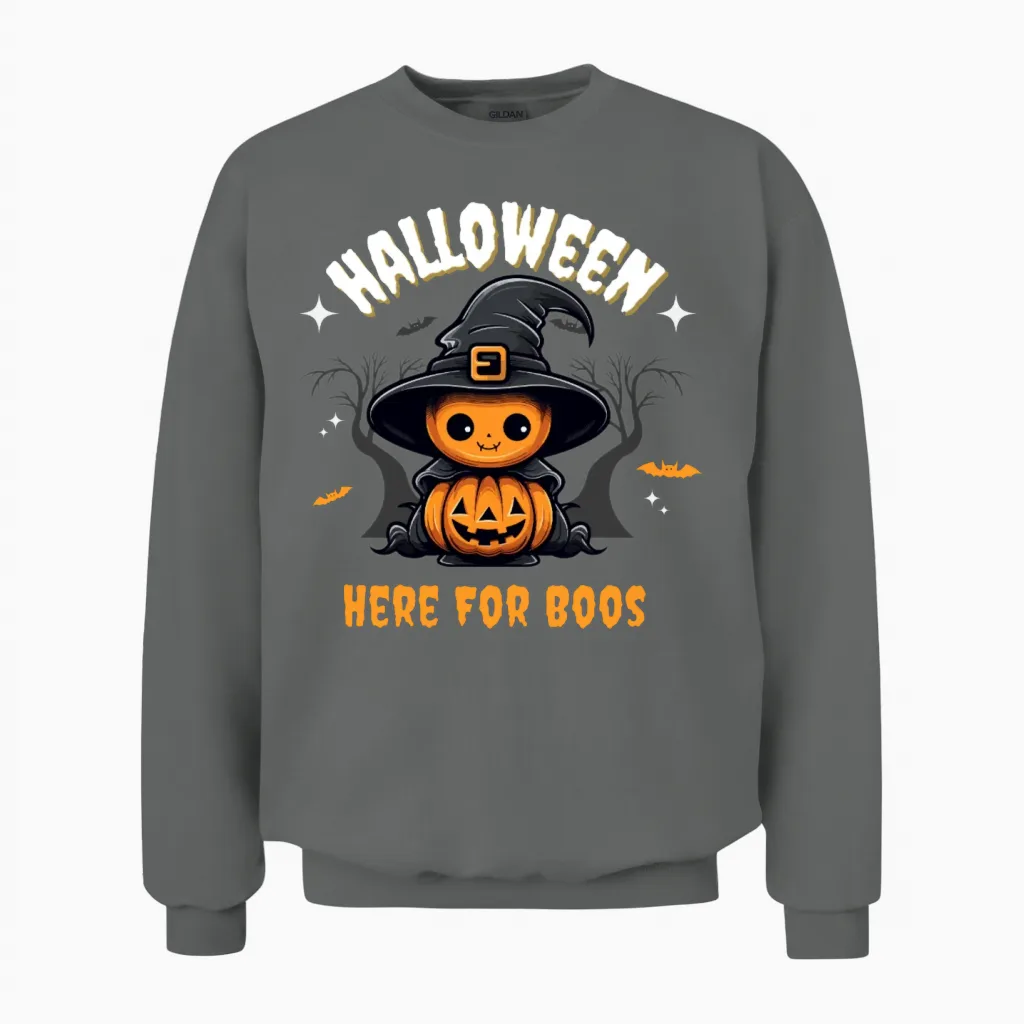 Whimsical Pumpkin Witch Illustration Unisex Sweatshirt in Graphite Heather