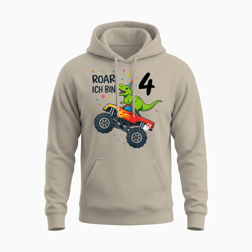 Kinder Dino Monstertruck Roar Ich Bin 4 Party 4 Jahre Unisex Hoodie in Sand