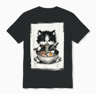 Chat Samouraï Art Japonais Ramen Nouveauté Kawaii Drôle Chat Unisex T-Shirt - Black