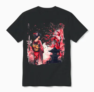 Japanese Geisha Sakura Cherry Blossom Pagoda Geisha Girl T-Shirt, Black, S Unisex T-Shirt - Black