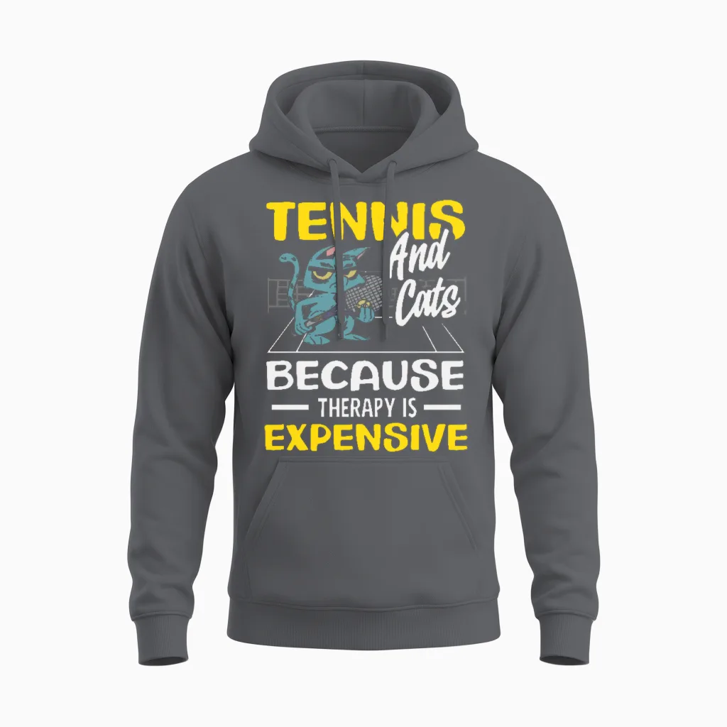 Tennis and Cats Because Therapy Is Expensive Unisex Hoodie in Charcoal
