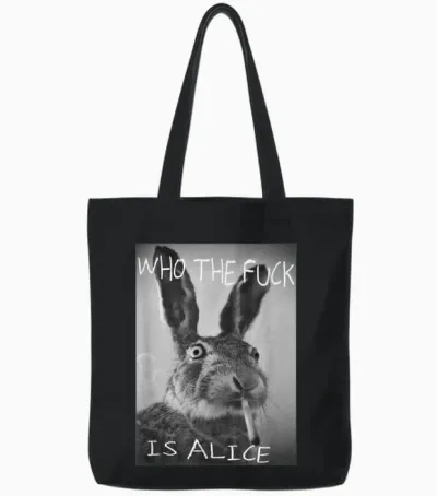 #snirt - Funny Hoodie with Rabbit on T-Shirt Who Is Alice? Tote Bags - Black