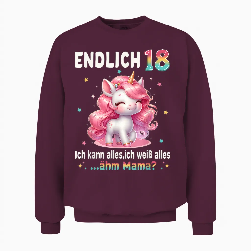 18th Birthday Girl 18 Years Unicorn Party Outfit Unicorn T-Shirt, Black Unisex Sweatshirt in Maroon