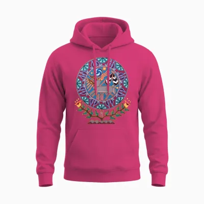 Native Huichol Peyote Deer Unisex Hoodie - Heliconia