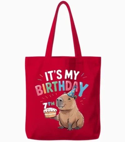 Kids 7th Birthday Capybara 7 Years Old Birthday Party Tote Bags - Red