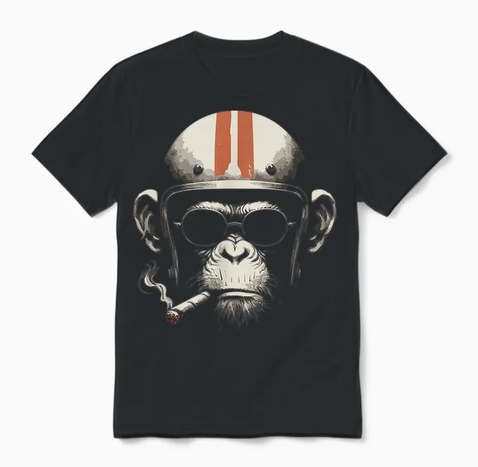 Cigar Smoking Monkey Retro Vintage Motorcycle Helmet Unisex T-Shirt in Black