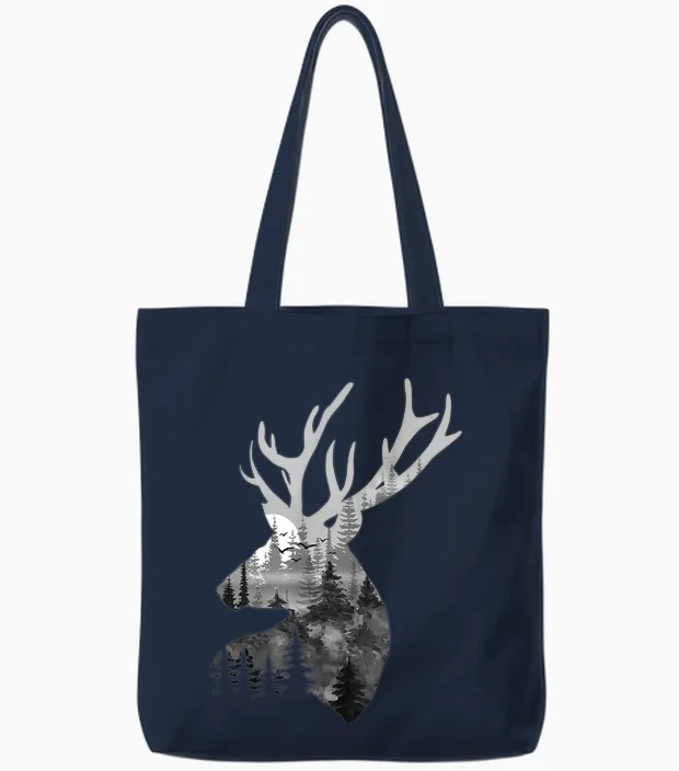 Silhouette Buck Deer Artwork - Forest Wildlife Animal Lover Tote Bags in Navy