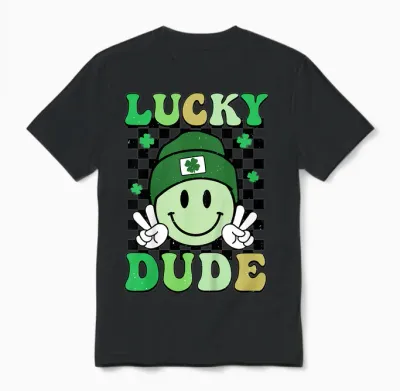 Kids Groovy Lucky Dude Shamrock Smile Boys Kids St. Patrick's Day Unisex T-Shirt - Black
