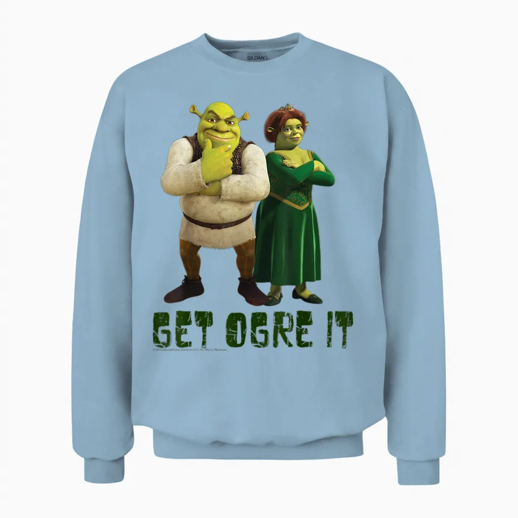 Shrek Fiona & Shrek Get Ogre It Text Unisex Sweatshirt in Light Blue
