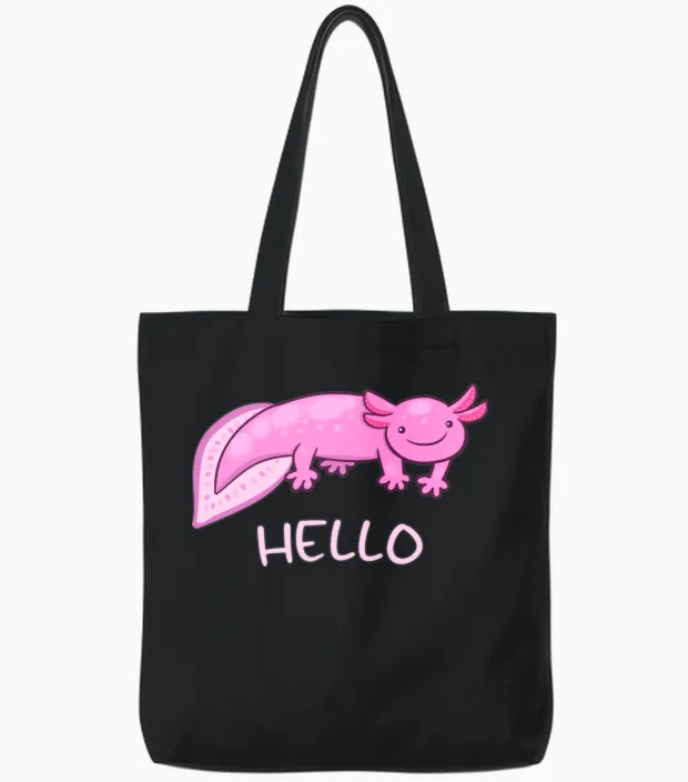 Hello Funny Axolotl Tote Bags in Black