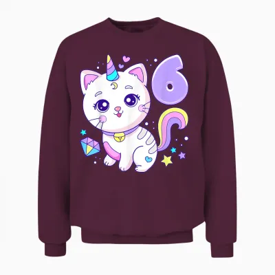 Geburtstag Mädchen 6 Jahre, Katze, Einhorn, 6. Geburtstag Unisex Sweatshirt - Maroon