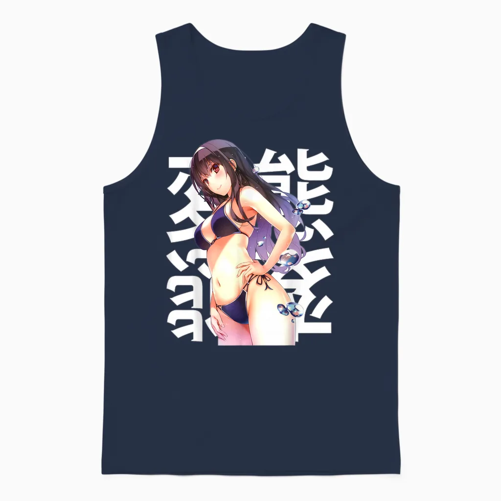 Anime Girl Lewd Kawaii Waifu Japonais Otaku Manga Unisex Tank Top in Navy