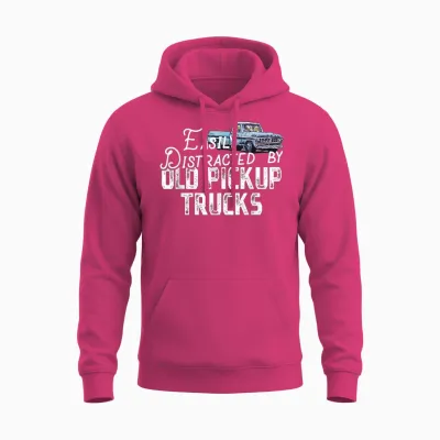 Easily Distracted by Old Pickup Trucks - Cute Trucker Unisex Hoodie - Heliconia