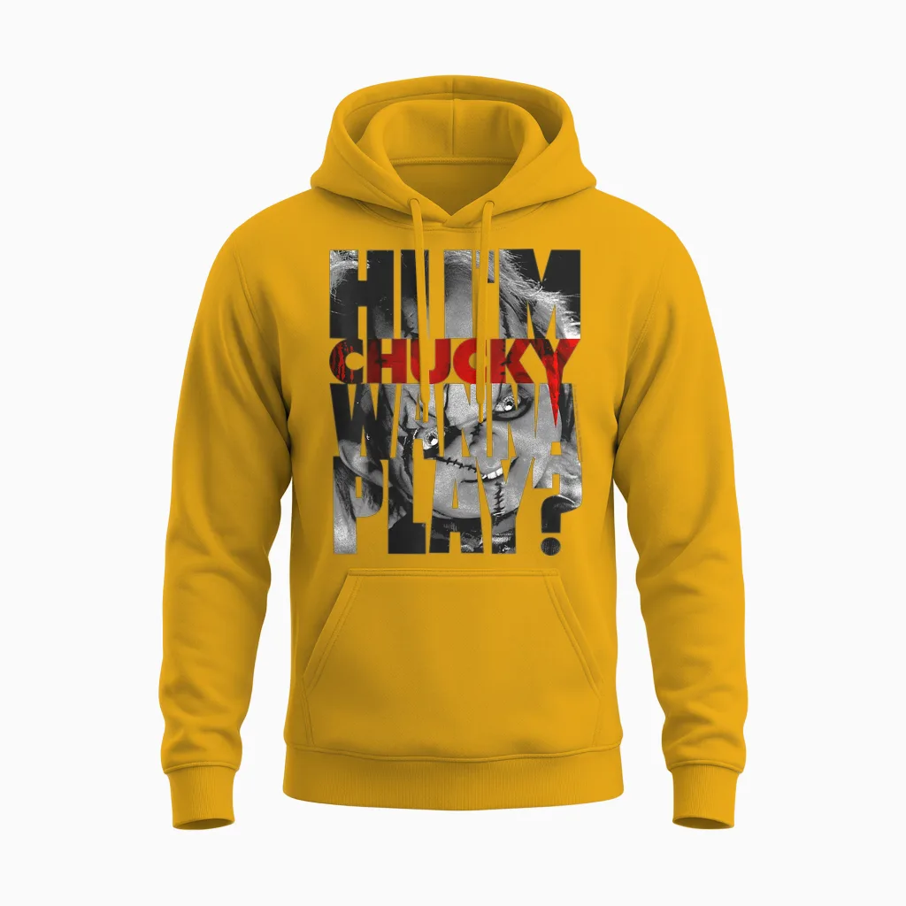 Child's Play Hi I'm Chucky Wanna Play Text Fill T-Shirt Small Unisex Hoodie in Gold