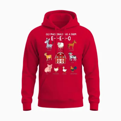 Toddler Kids Farm Animals Old Macdonald Had a Farm E-I-E-I-O Unisex Hoodie - Red