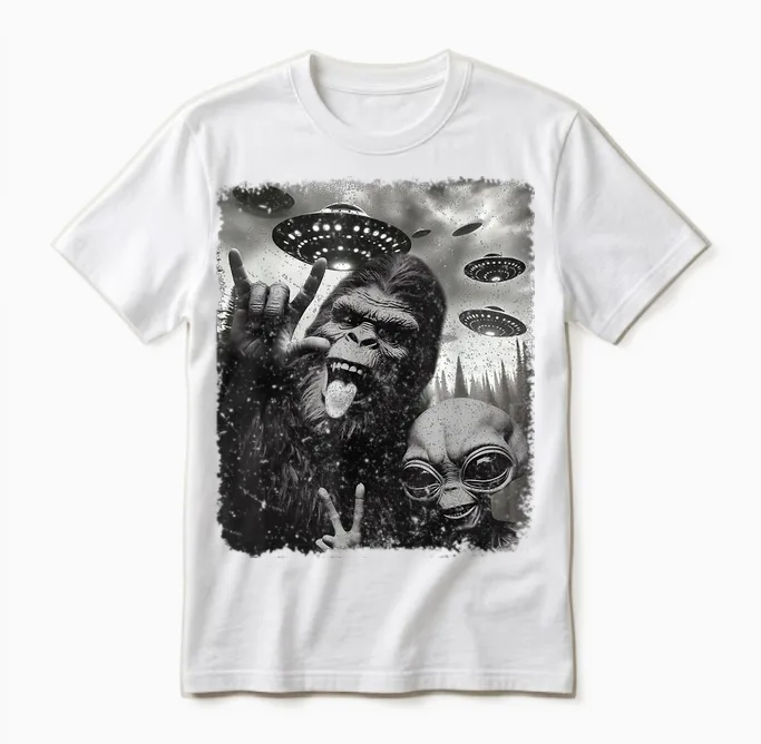 Funny Bigfoot & Alien Sasquatch Rock on Hand Sign Ufo Selfie Unisex T-Shirt in White