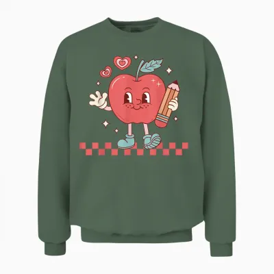 Cute Retro Checkered Apple with Face Teacher Pencil Trendy Unisex Sweatshirt - Military Green