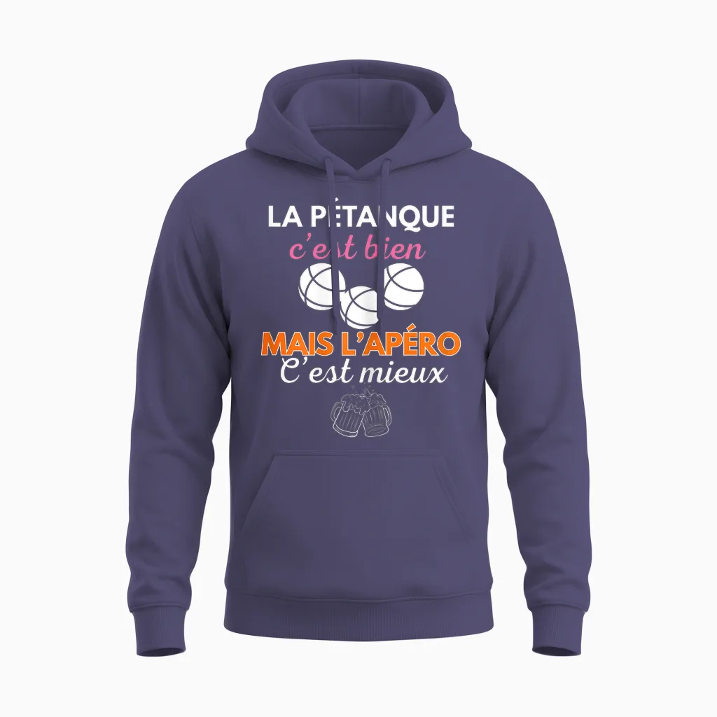 PĂ©tanque ApĂ©ro Humour Femme Cadeau Bouliste FĂȘte MĂšres Unisex Hoodie in Heather Sport Dark Navy