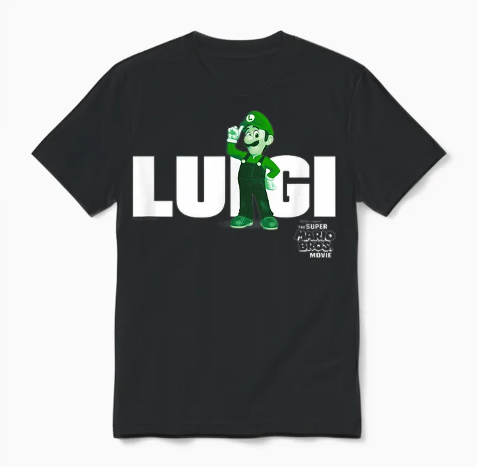 The Super Mario Bros. Movie Luigi Banner T-Shirt, Green Unisex T-Shirt in Black