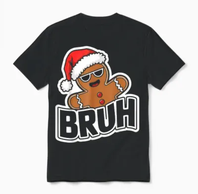 Bruh Funny Christmas Gingerbread Man Teens Boys Unisex T-Shirt - Black