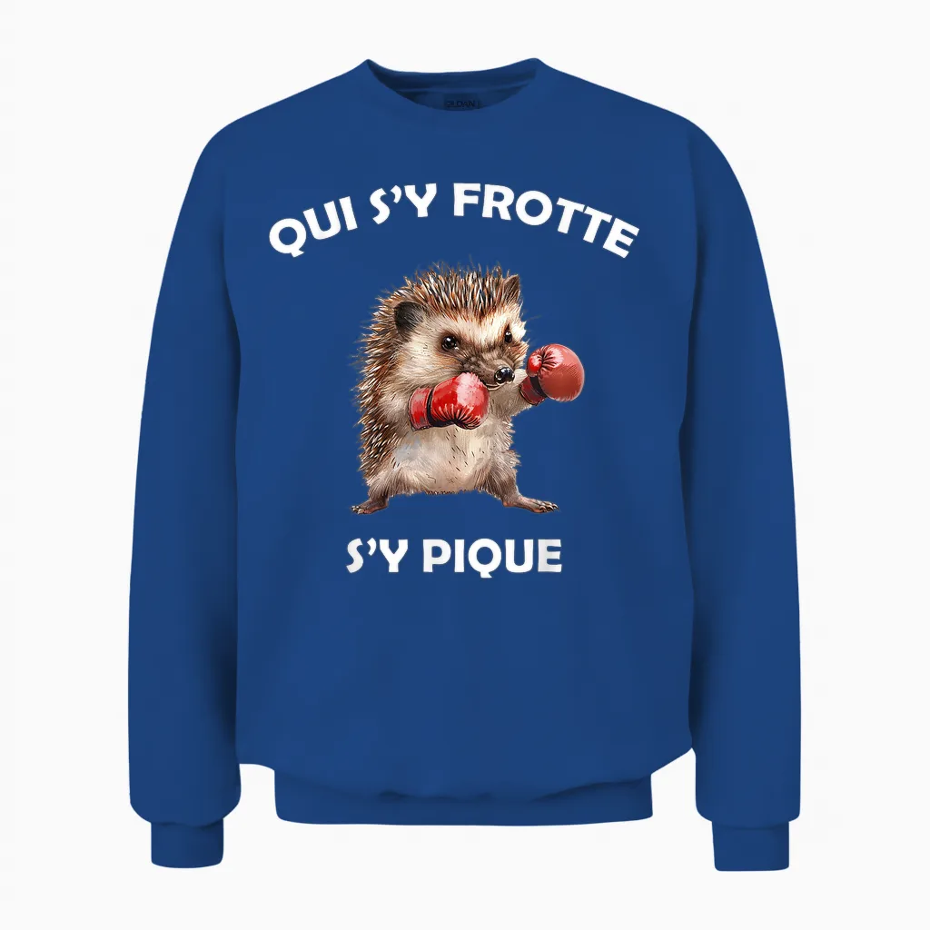 Hérisson Boxeur, Qui S'y Frotte S'y Pique - Humour Animal T-Shirt, Black, S Unisex Sweatshirt in Royal