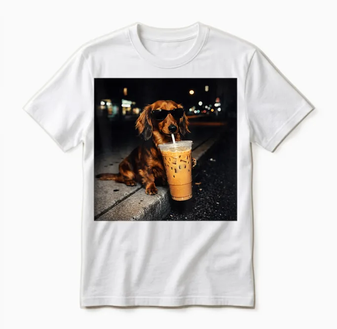 Funny Dachshund Drinking Iced Coffee Cute Dog Meme Humor Unisex T-Shirt in White