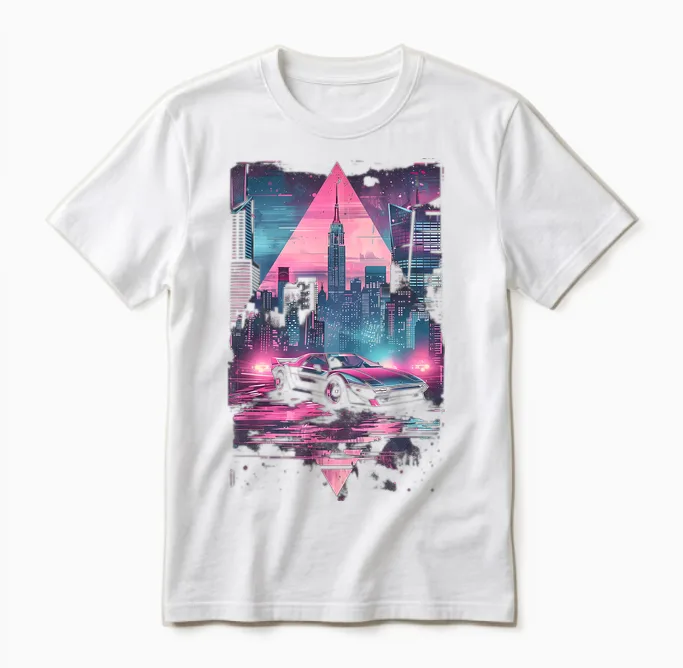 1980s 1990s Retro Car Retrowave Aesthetic with City Skyline Unisex T-Shirt in White
