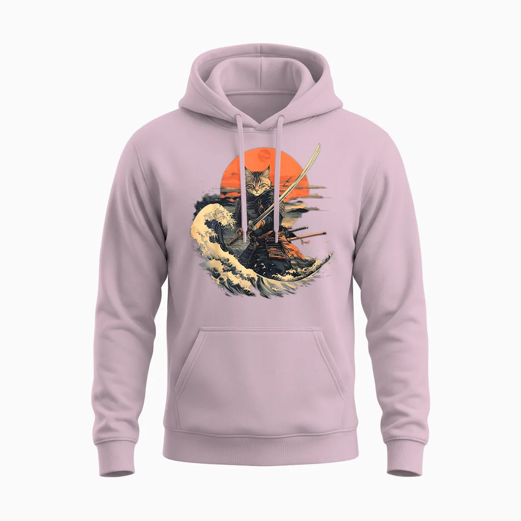 Samurai Cat Graphic Tee Warrior Vintage Japanese Art Anime T-Shirt for Men Women Girls Kids Unisex Hoodie in Light Pink
