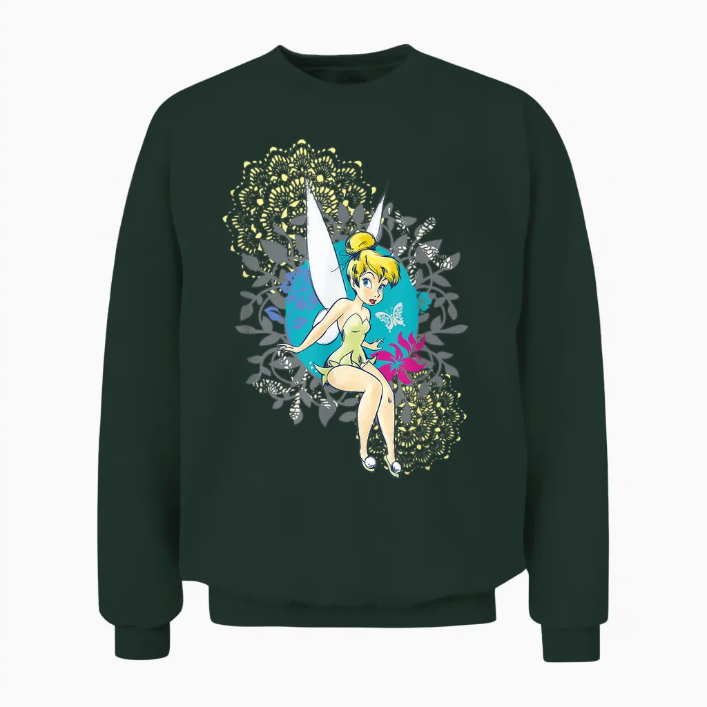 Tinkerbell Floral Pattern T-Shirt, Black, S Unisex Sweatshirt in Forest