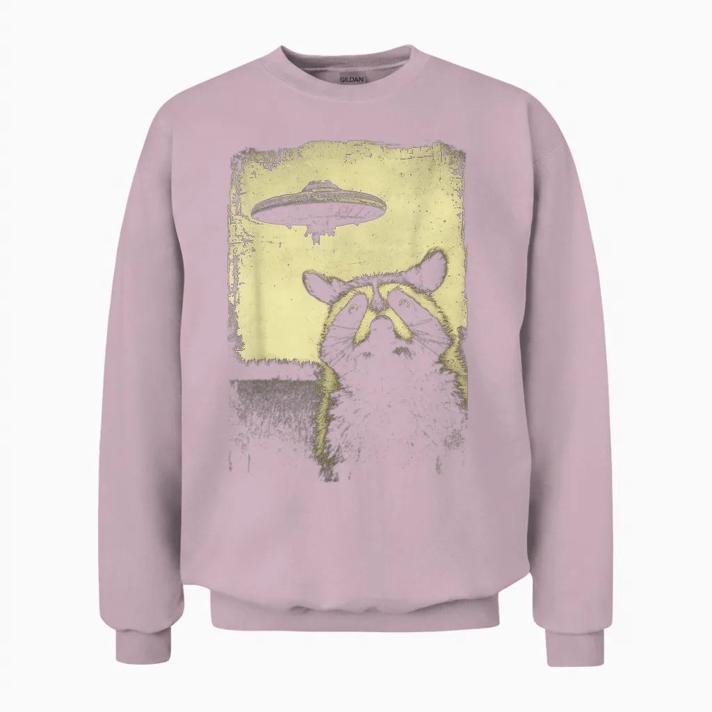 Raccoon Ufo Alien Weirdcore Aesthetic Artwork Stuff T-Shirt, Black Unisex Sweatshirt in Light Pink