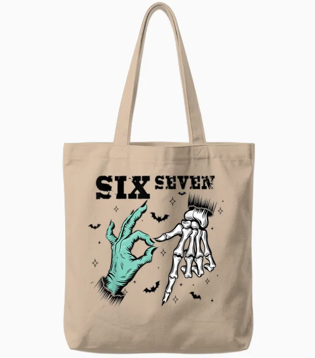 Funny 67 Meme Spooky Skeleton Six Seven Gen Alpha Slang Tote Bags in Natural