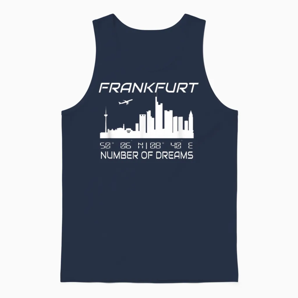 Gps Coodinates and Skyline of Your City of Dreams Frankfurt Main Skyline Gps Koordinaten Banken Wolkenkratzer T-Shirt Schwarz Unisex S Eu 41.5 Klein Regular Casual Graphic Unisex Tank Top in Navy
