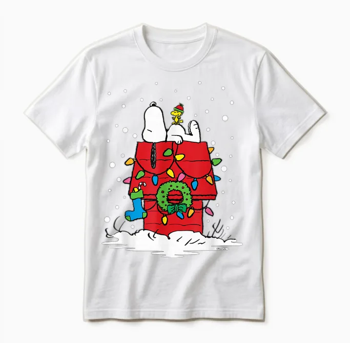 Peanuts Holiday Snoopy and Woodstock Stocking Unisex T-Shirt in White