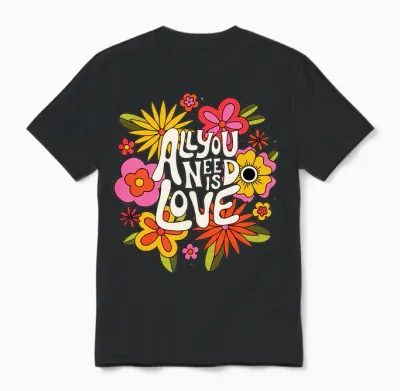 The Beatles - All You Need Is Love Retro Flowers Long Sleeve, Black Unisex T-Shirt - Black